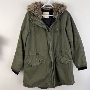 FOREVER 21 Green Hooded Faux Fur Collared Quilted Jacket ~ Womens Sz Medium